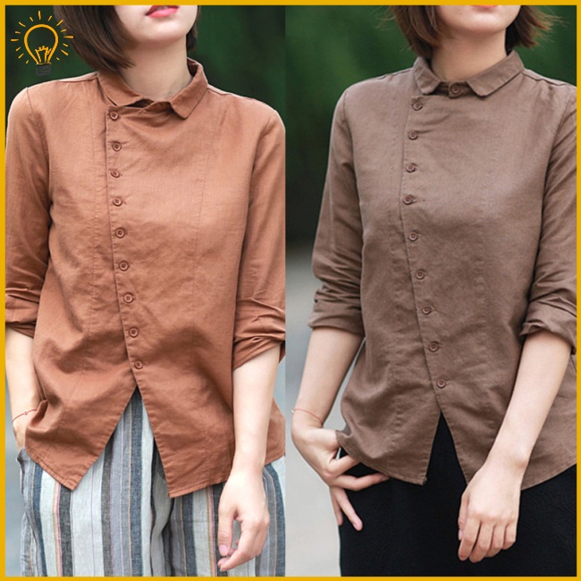 Áo Sơ Mi Vải Lanh Cotton Màu Sắc Đơn Giản Thời Trang Cho Nữ