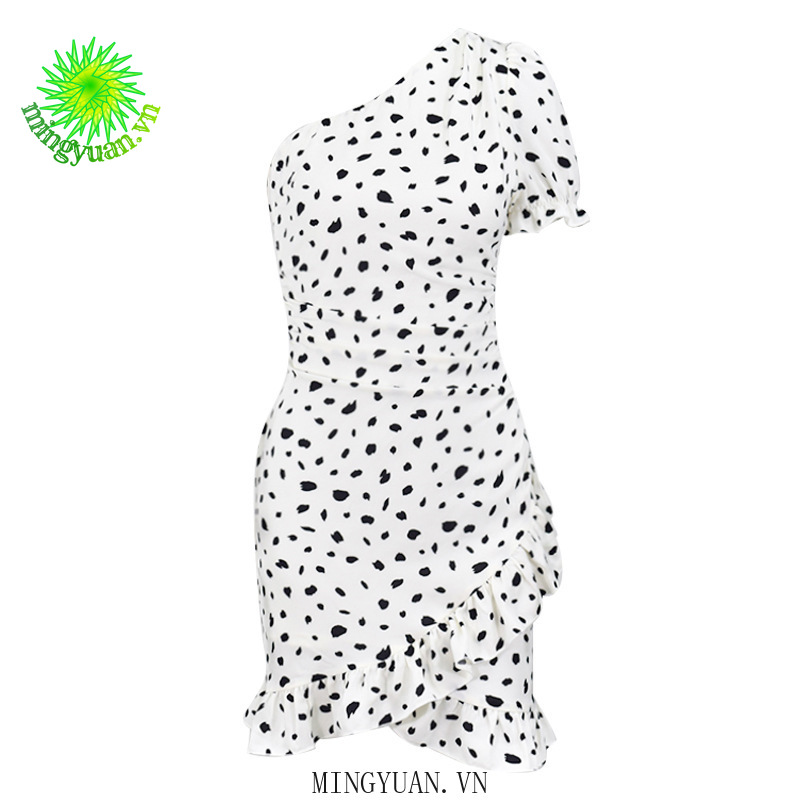 ( Mingyuan ) New one-shoulder ruffled polka dot pleated dress