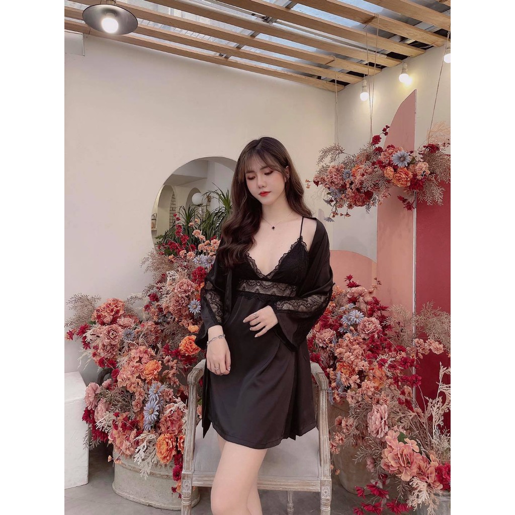 💗Váy ngủ, Đầm ngủ 2 dây lụa phối ren cao cấp sexy,có mút kèm áo choàng khoác ngoài sang chảnh, cuốn hút.