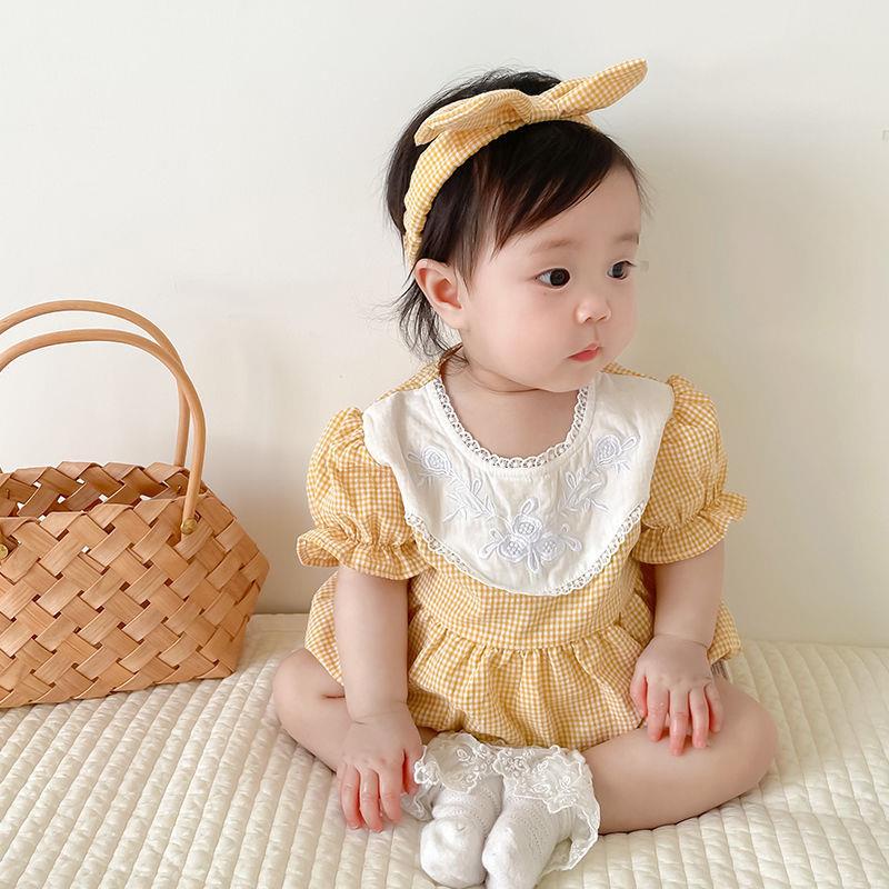 Bộ Áo Liền Quần Tay Ngắn Cổ Ren Kẻ Sọc + Băng Đô Thời Trang Mùa Hè Cho Bé Gái Sơ Sinh