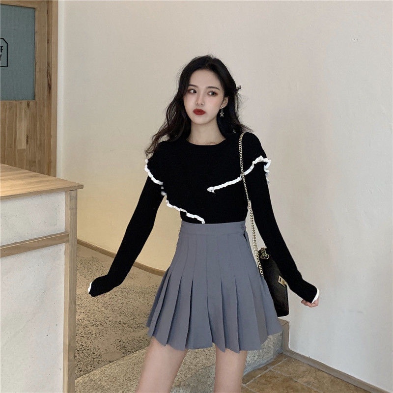 Áo crop top dệt kim tay dài cổ tròn màu trơn phong cách Hàn Quốc thời trang