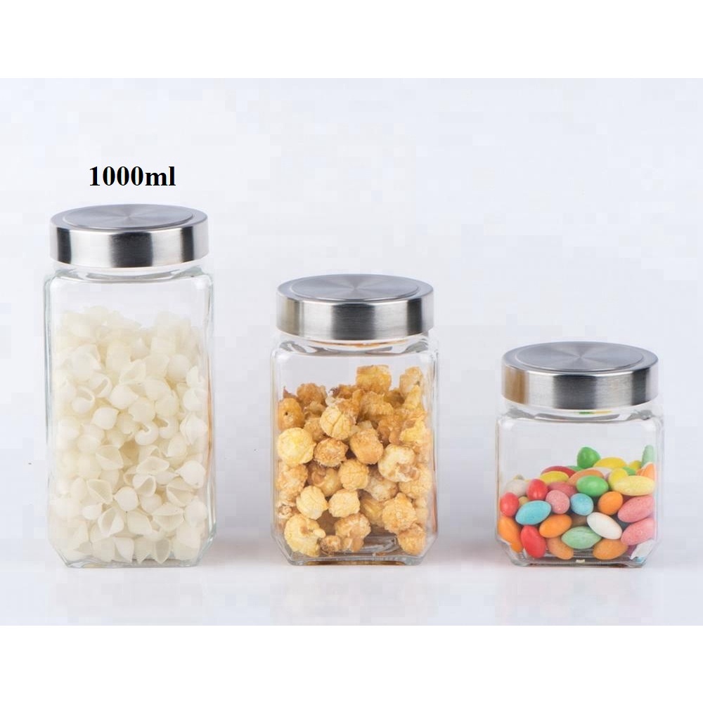 Hũ Thuỷ Tinh Vuông Nắp nhựa bọc inox chống gỉ 1000ml | Lọ Thuỷ Tinh Đựng Thực Phẩm