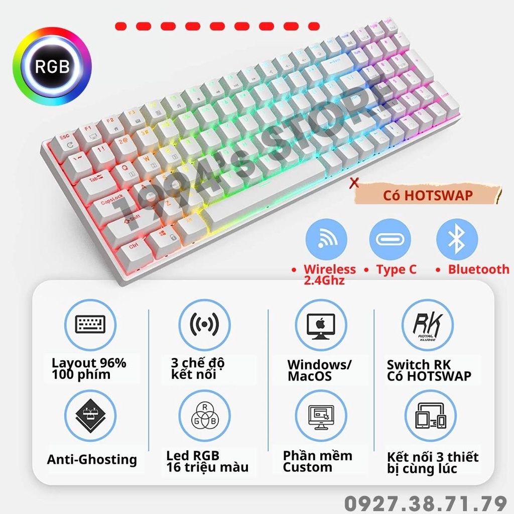 RK100 Version 4 HOTSWAP - Bàn phím cơ không dây RK100 RK860 RGB Bluetooth 5.1 + Wireless 2.4G + Type C + Phần mềm Custom