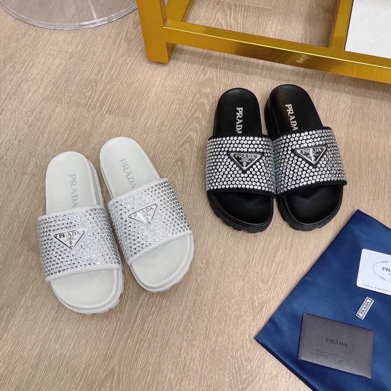 Dép thời trang nữ thương hiệu Prada cao cấp đính hạt lấp lánh sành điệu