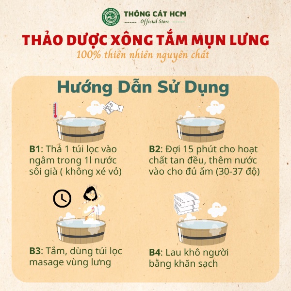 Thảo dược xông tắm chăm sóc cơ thể, sạch mụn lưng, dưỡng trắng da hiệu quả - Thông Cát HCM