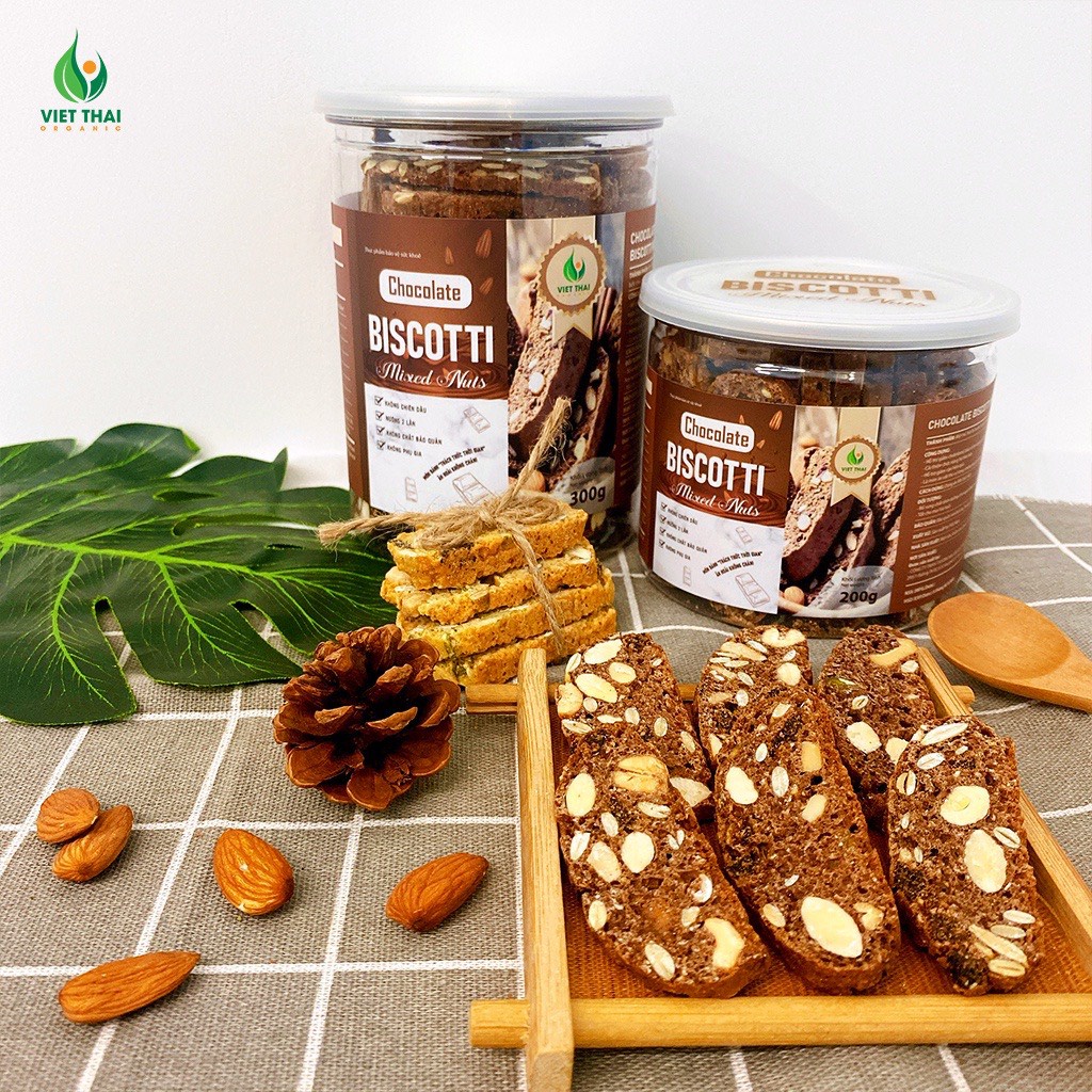 Bánh Biscotti Chocolate ăn kiêng, giảm cân heathly 100% nguyên cám, siêu hạt ăn sáng dinh dưỡng Việt Thái Organic