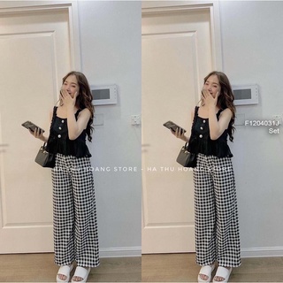 Set áo babydoll nút 2 dây bèo phối quần suông caro!