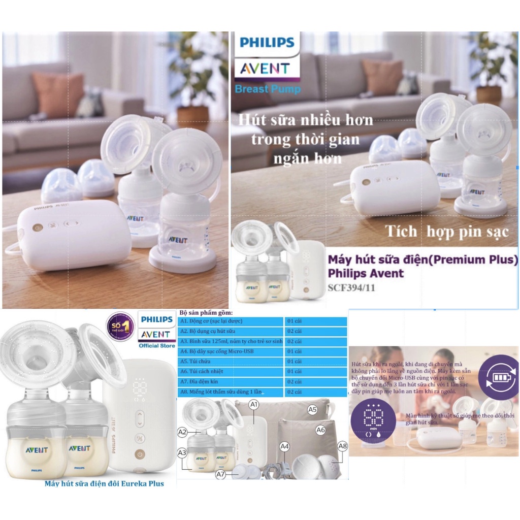 Máy hút sữa điện đôi Eureka Philips Avent phiên bản Premium Plus SCF 394.11