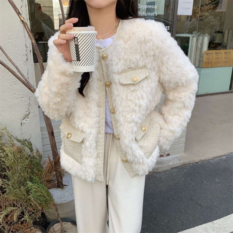 Áo khoác lông cừu mùa đông 4 túi viền tweed dày dặn dành cho nữ Hana Store
