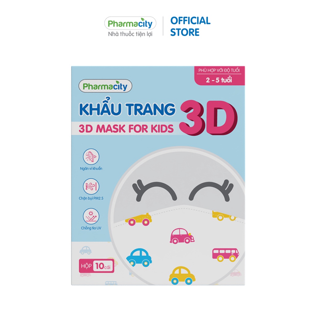 Khẩu trang Pharmacity 3 lớp cho trẻ 2-5 tuổi 3D Mask For Kids (Hộp 10 cái)