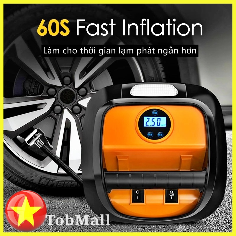Máy bơm lốp ô tô mini di động 12V, nén khí xe tô, Với màn hình hiển thị kỹ thuật số và đèn khẩn cấp