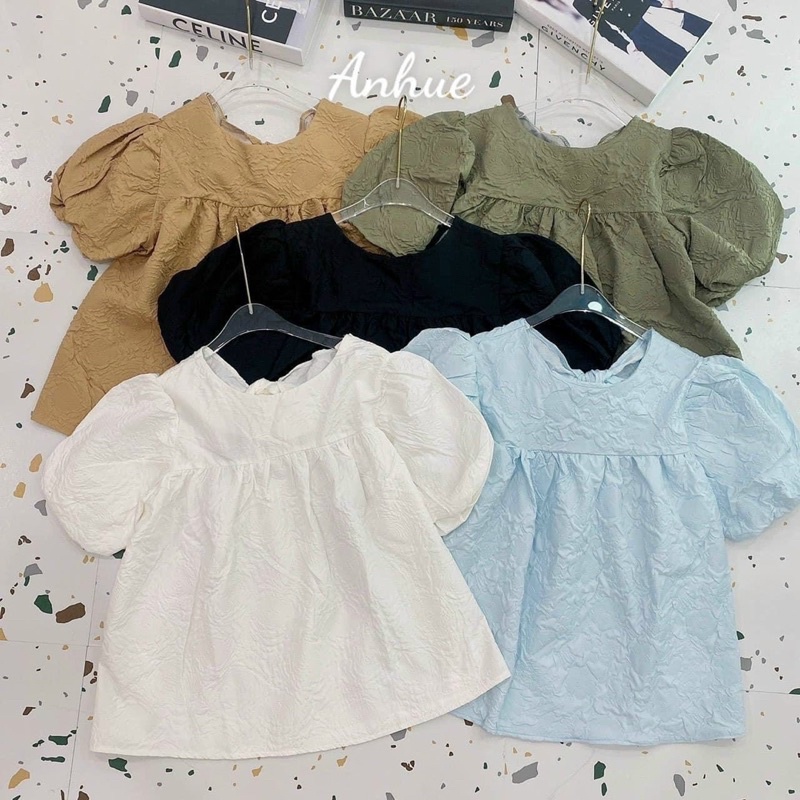 Áo Kiểu Babydoll Hở Lưng Thắt Nơ Tay Phồng