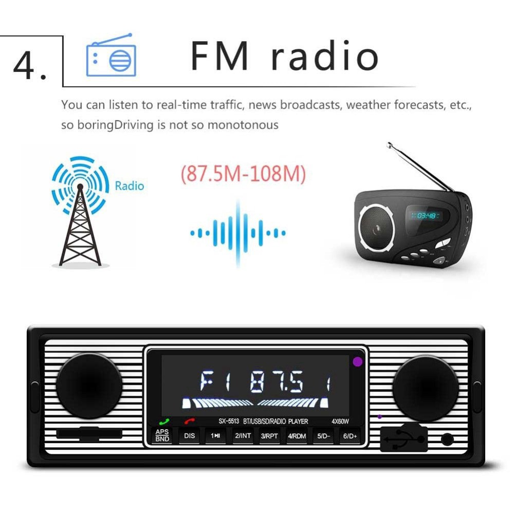 ◈Đài phát thanh xe hơi Bluetooth Máy nghe nhạc MP3 USB AUX FM cổ điển Âm nổi ISO 12V