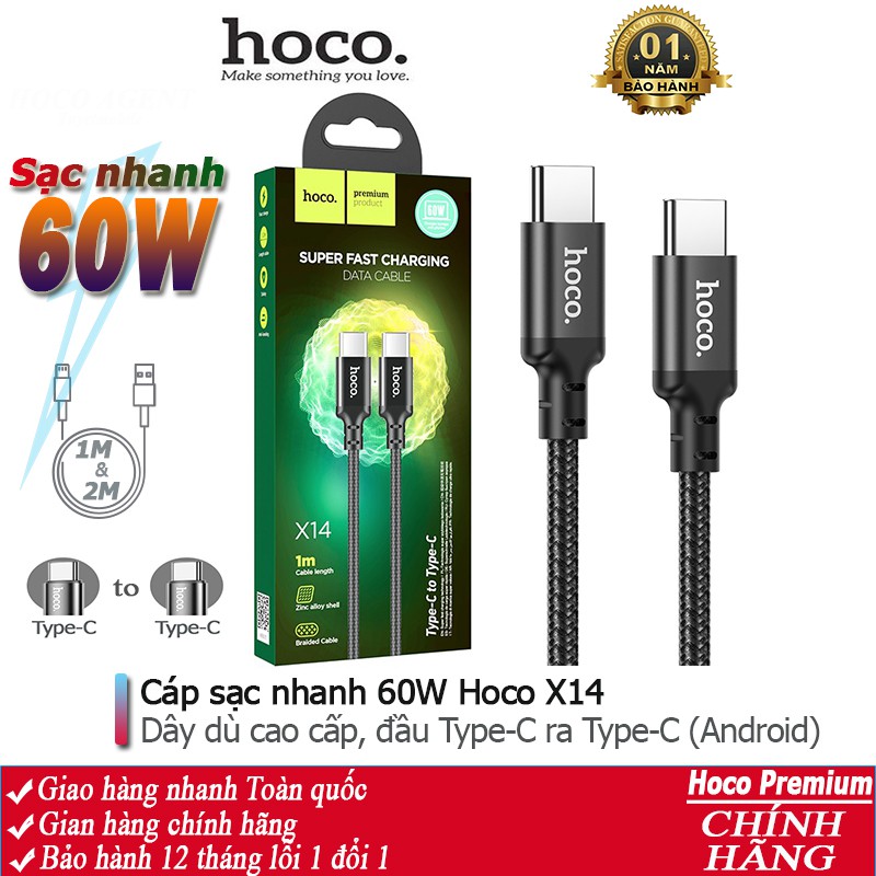 Cáp sạc nhanh 60W - Hoco X14 Type-C ra Type-C cho Android dây truyền tải dữ liệu dài 1m - Chính hãng