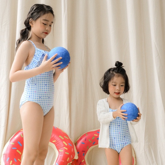 Bộ bơi liền hai dây bèo quanh Ruffle Crush_Xanh caro polka