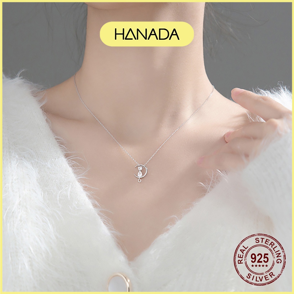 Dây Chuyền Bạc 925 Hanada Vòng Cổ Nữ Măt Trăng Mèo Đính Đá Đơn Giản 1001 K7