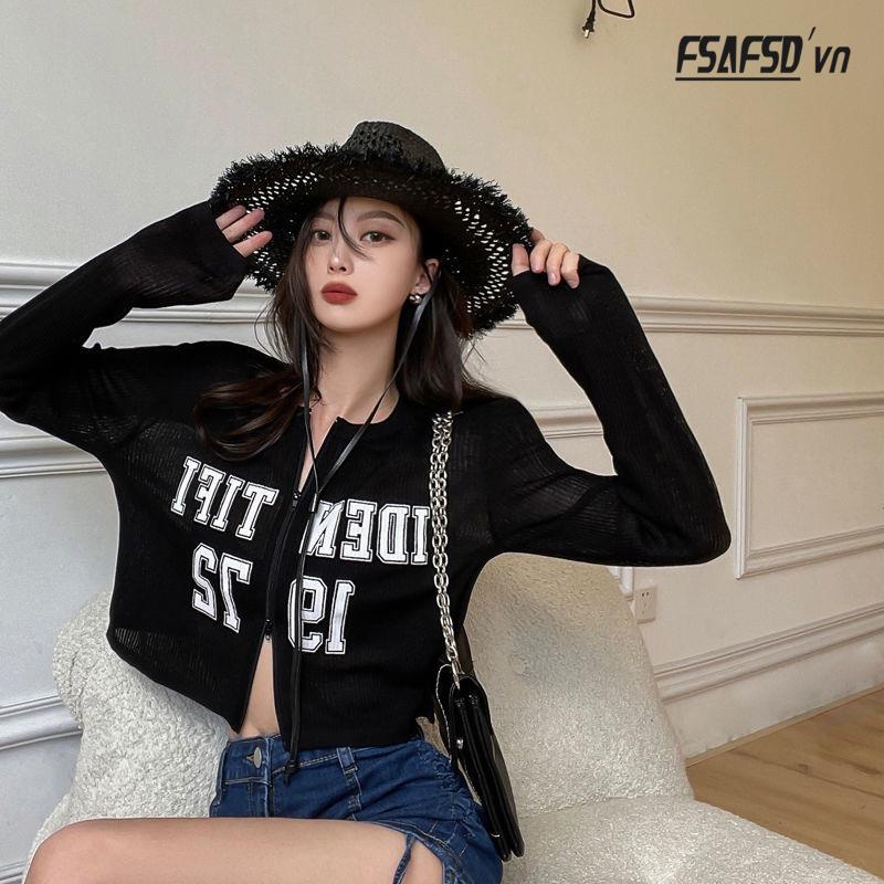 Áo Khoác Cardigan Dệt Kim Mỏng Tay Dài Dáng Rộng In Chữ Thời Trang Mùa Hè Cho Nữ