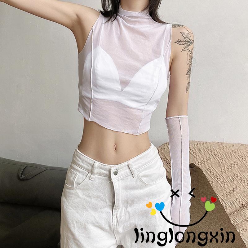 Bộ Đồ 2 Mảnh Gồm Áo Croptop Hai Dây Cổ Chữ V + Quần Dài Vải Sheer Cho Nữ