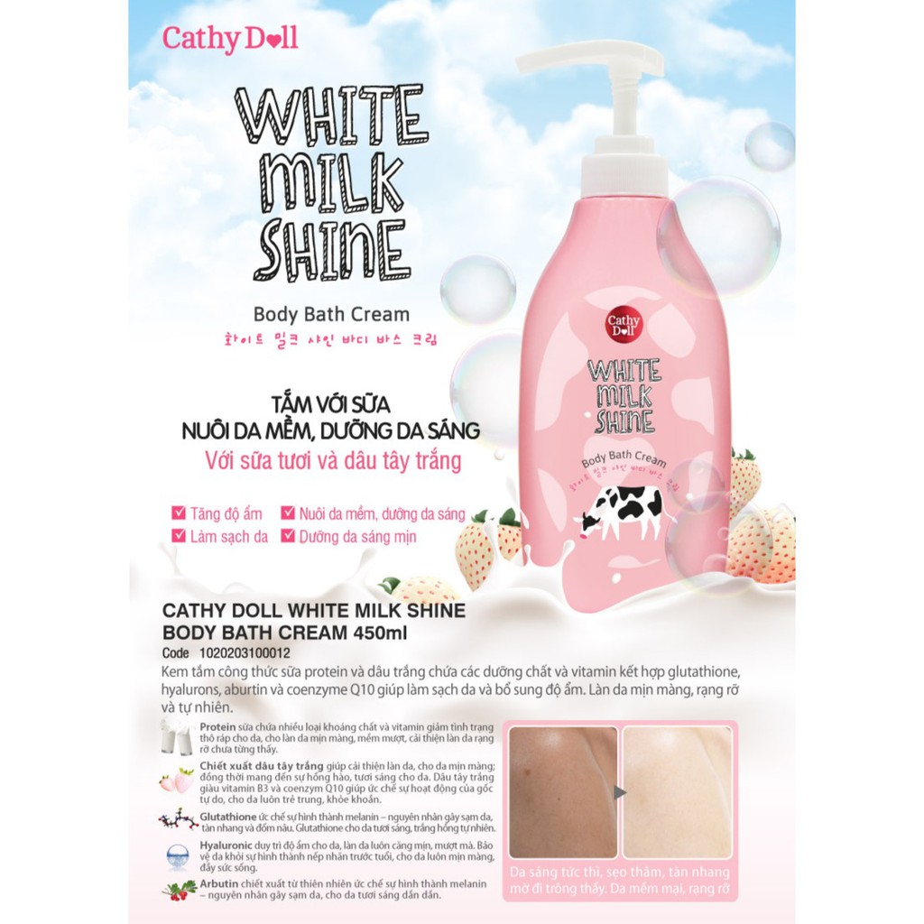 Sữa tắm sữa bò Cathy Doll White Milk Shine Body Bath Cream 450ml dưỡng da mềm mịn trắng sáng