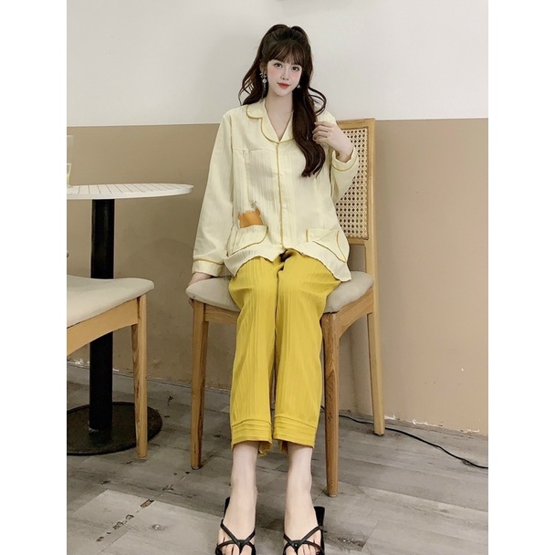 Bộ Pijama Chất Đũi Xốp Viền Kẻ Phối Màu Siêu Xinh, Bộ mặc nhà có khoá kéo