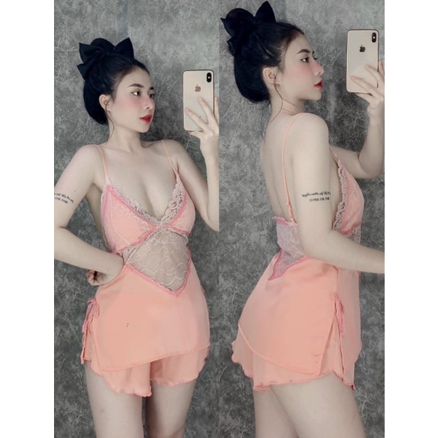 Đồ ngủ sexy nữ - Đồ ngủ 2 dây ren có mút chất vải Satin mịn quyến rũ