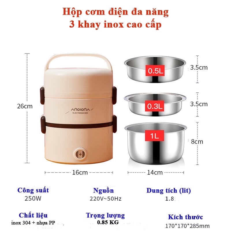 Hộp cơm cắm điện văn phòng 3 tầng 3 bát inox có chức năng giữ nhiệt, hâm đóng và tự nấu chín thức ăn đa năng