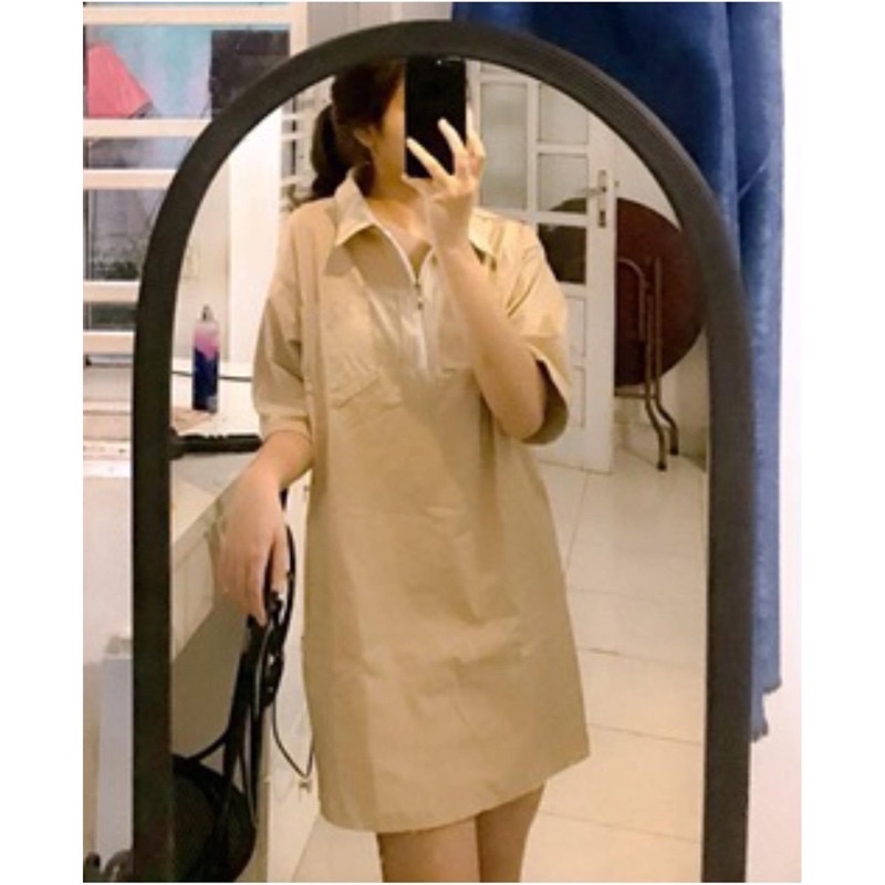 Váy Phối Cổ Sơ Mi Khóa Zip Nữ 🌸Đầm polo thun kaki suông tay lỡ dáng basic bánh bèo Ulzzang🌸