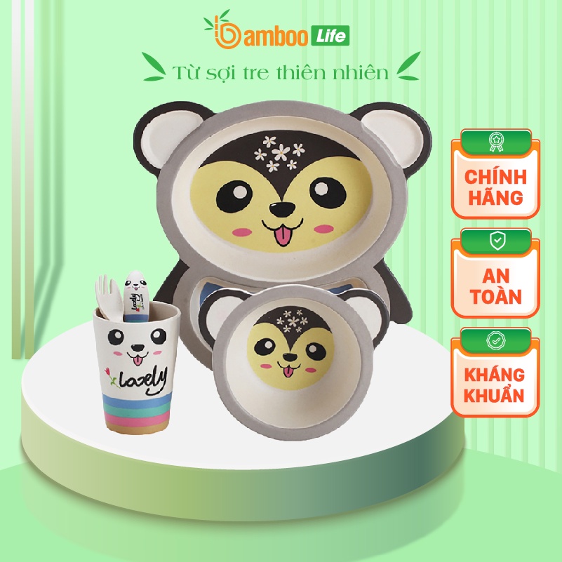 Bộ khay ăn dặm sợi tre thiên nhiên Bamboo Life BL019 toàn cho bé 5 món gồm thìa, dĩa, khay, bát, cốc hình mèo siêu xinh