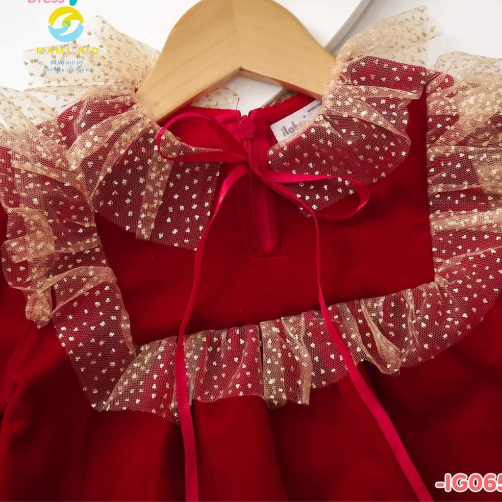 Váy Dự Tiệc Diện Tết, Váy Đỏ Xinh Cho Bé Thu Đông Chất Liệu Nhung siêu đẹp, tôn dáng Shop Mamikid