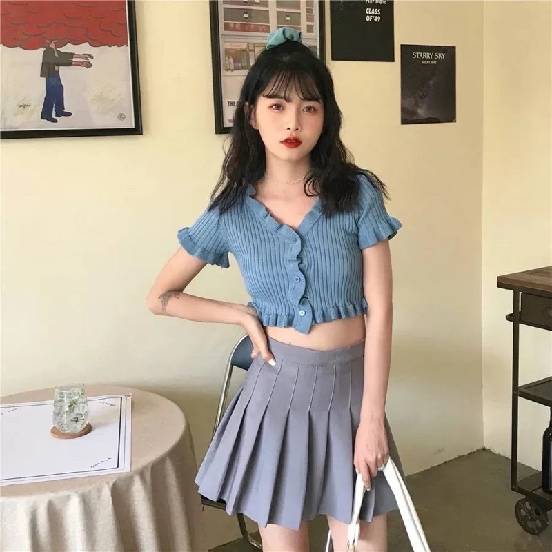 Áo Croptop Tay Ngắn Màu Hồng Đen Trắng Xanh Chất Dệt Kim Thấm Mồ Hôi Phối Bèo Tiểu Thư Phong Cách Ulzzang Hàn Loại 1