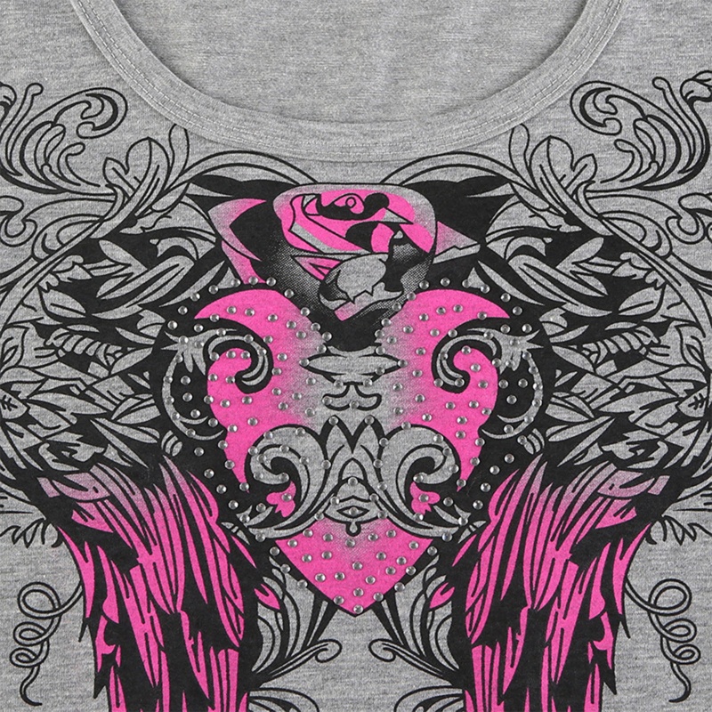 Áo Thun Crop Top Tay Ngắn Dáng Ôm In Họa Tiết Hoa Hồng / Cánh Trái Tim Đính Đá Phong Cách Gothic Harajuku Cho Nữ