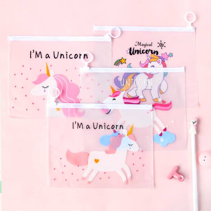 Taeyang369hz Túi Đựng Bút Hình Unicorn / Báo Hồng Trong Mờ Dễ Thương Cho Bé Bóp Viết Kỳ Lân Zip Hộp Hb48 Loại To