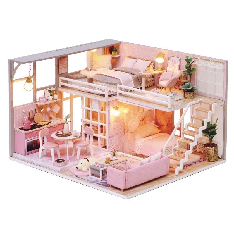 (Tặng mica,keo sữa,đèn)Mô hình nhà búp bê bé tự lắp ráp đô chơi căn phòng màu hồng Diy doll house L025