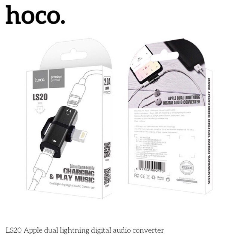 ✔CHÍNH HÃNG✔Bộ chuyển đổi âm thanh Hoco LS20 cổng Lightnign sang 2 lightning,hỗ trợ vừa sạc pin,vừa nghe nhạc cho iPhone