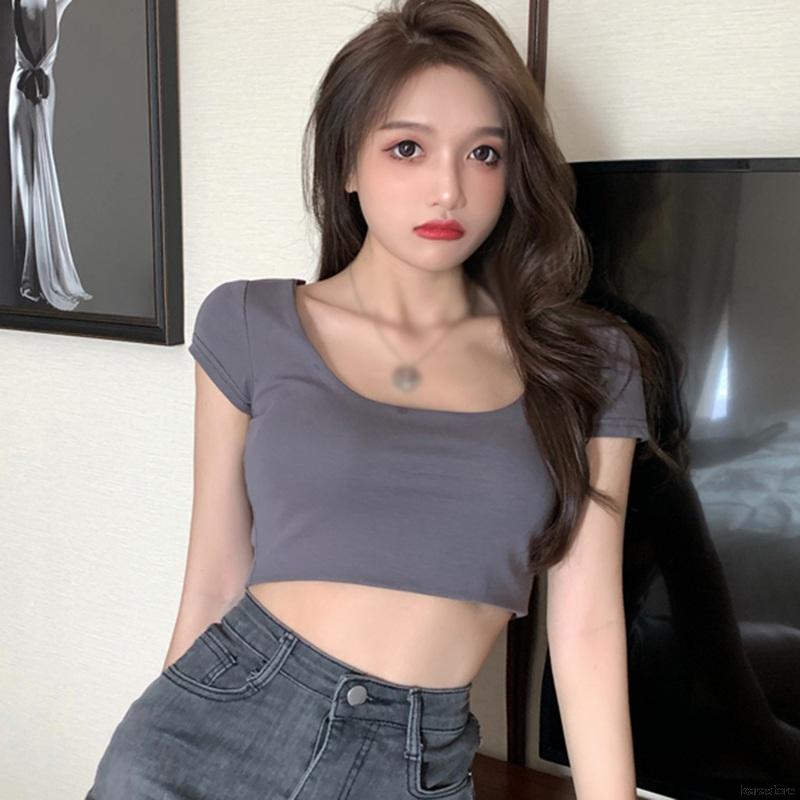 Áo Croptop Tay Ngắn Cổ Vuông Ôm Dáng Quyến Rũ Thời Trang Mùa Hè Cho Nữ