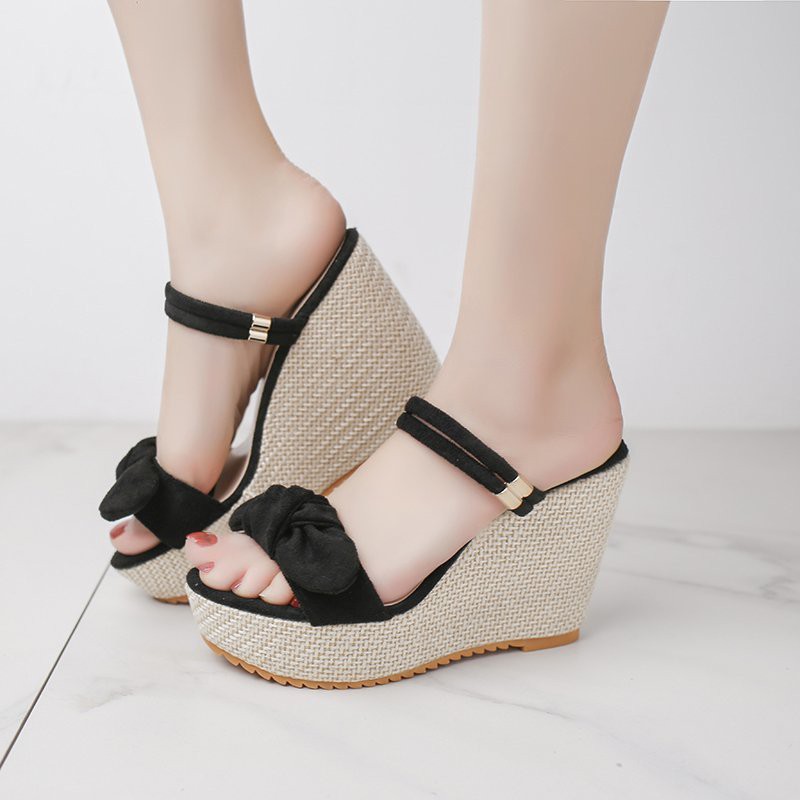 Giày sandal đế xuồng hở mũi phong cách Hàn quốc🎀Giày cao gót đế dày đính nơ xinh xắn thời trang