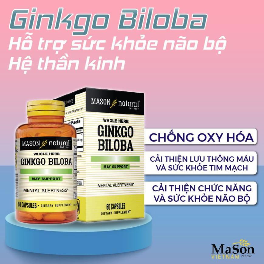 Viên Uống Mason Natural Ginkgo Biloba Hỗ Trợ Chức Năng Não Bộ, Hệ Thần Kinh.Lọ 60 viên