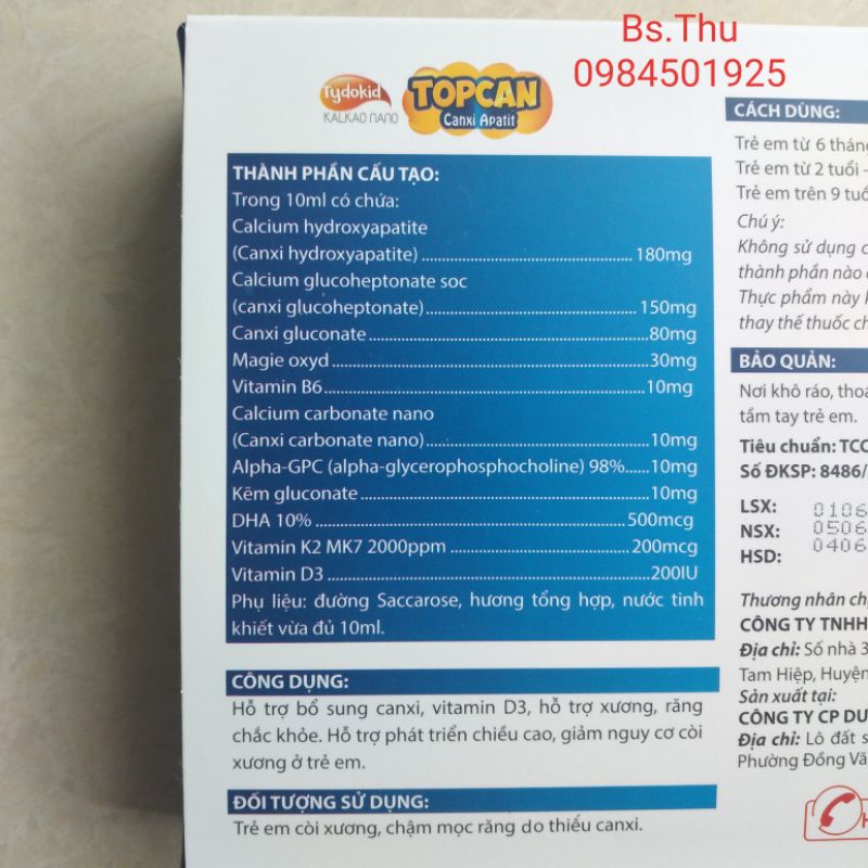 Tydokid Kalkao TOPCAN Canxi apatit hộp 18 gói Canxi Tritydo bổ sung Calci, MK7, vitamin và khoáng chất cho cơ thể