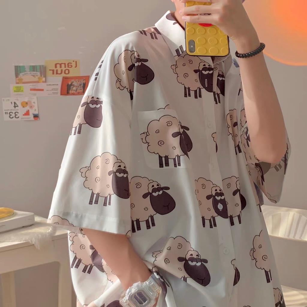 Áo sơ mi tay ngắn nam nữ chất lụa hoạ tiết hoạt hình phong cách ulzzang Hàn Quốc SIB083