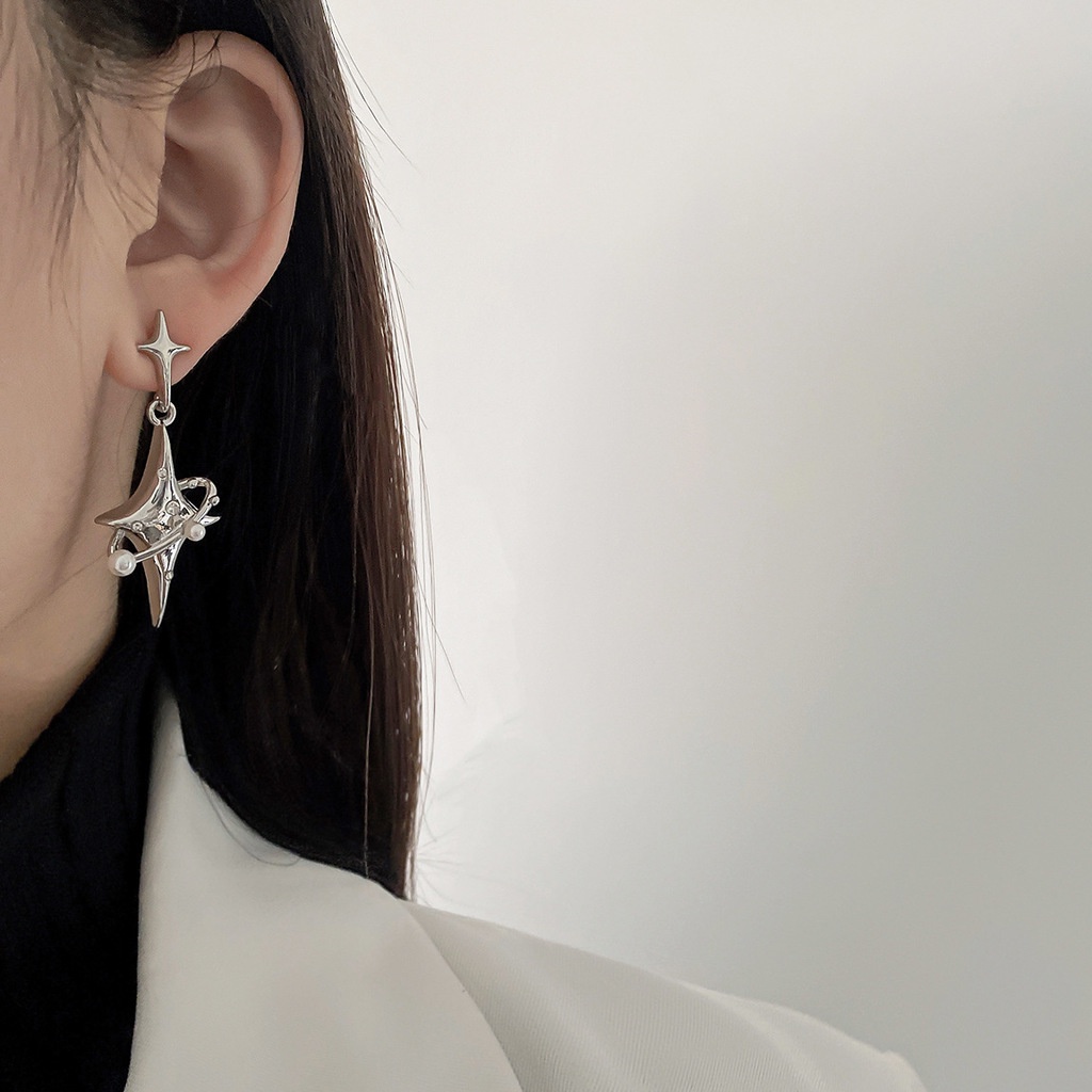 Khuyên Tai Hình Ngôi Sao Mạ Bạc Phong Cách hip hop Thời Trang Cao Cấp