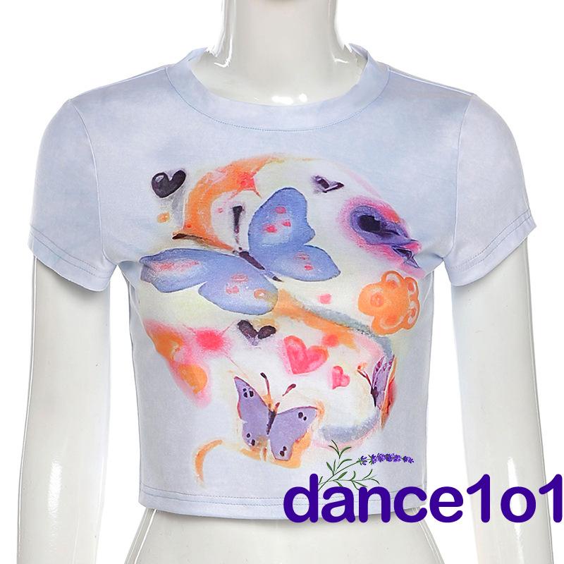 Áo thun tay ngắn họa tiết bướm nhuộm màu độc đáo quyến rũ dành cho nữ