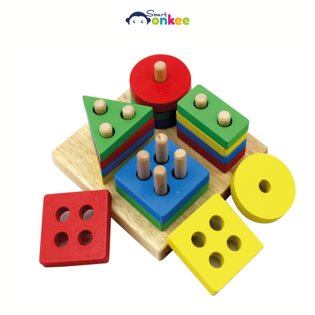 Đồ chơi Montessori xếp hình vào cột thẳng Wooden Geometric Sorting Blocks | Đồ chơi cho bé từ 1 tuổi