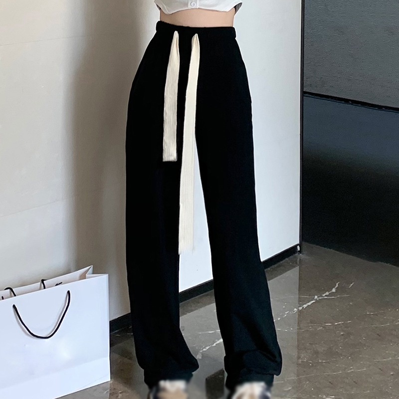 Quần dài lưng cao màu trơn phối dây rút ống rộng thời trang dành cho nữ