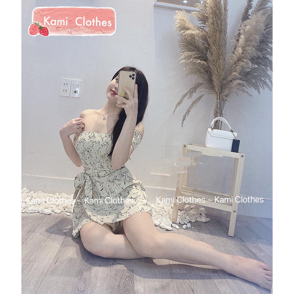 Set áo croptop hoa trễ vai chun và chân váy vạt chéo 2 lớp Ulzzang Quảng Châu - Kami Clothes | BigBuy360 - bigbuy360.vn