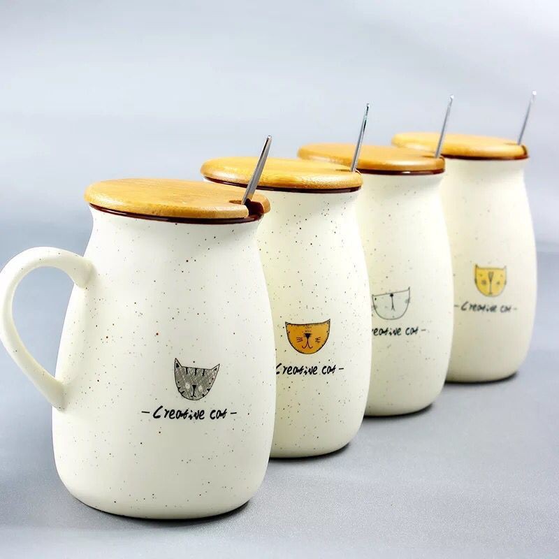 Ly Sứ Cao Cấp Hình Mèo Cartoon 400ml Có Nắp Đậy Kèm Thìa | BigBuy360 - bigbuy360.vn