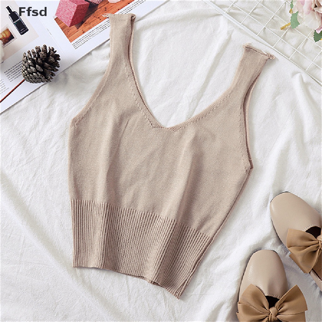 {Ffsd} Áo Crop Top Dệt Kim Hai Dây Cổ Chữ V Khoét Sâu In Chữ Thời Trang Mùa Hè Cho Nữ