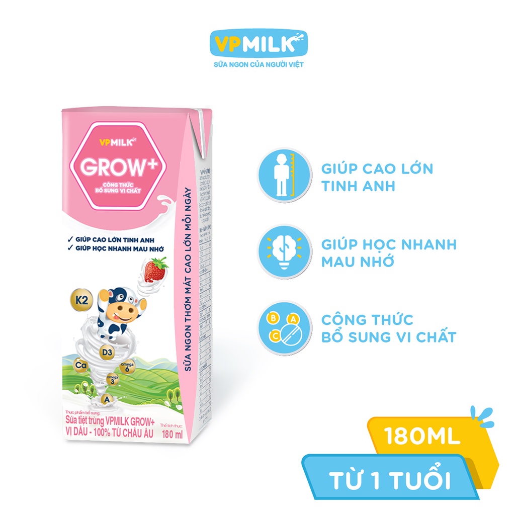 [6 Lốc 180ml] Sữa Tiệt Trùng VPMilk Grow+ Vị Dâu