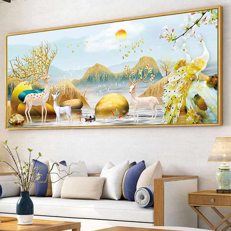 Tranh thêu chữ thập chỉ lụa nai tài lộc 27 7