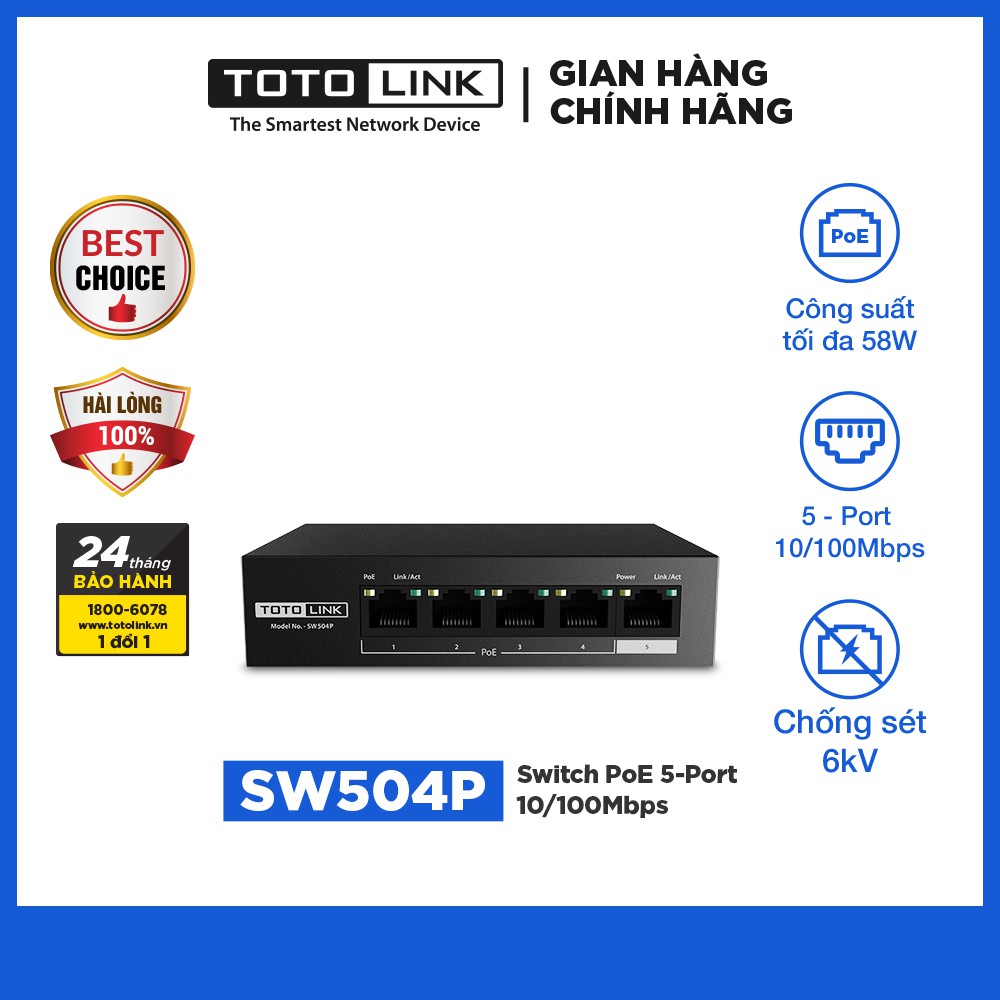 Switch PoE 5 Cổng 10/100Mbps TOTOLINK SW504P - Hàng chính hãng