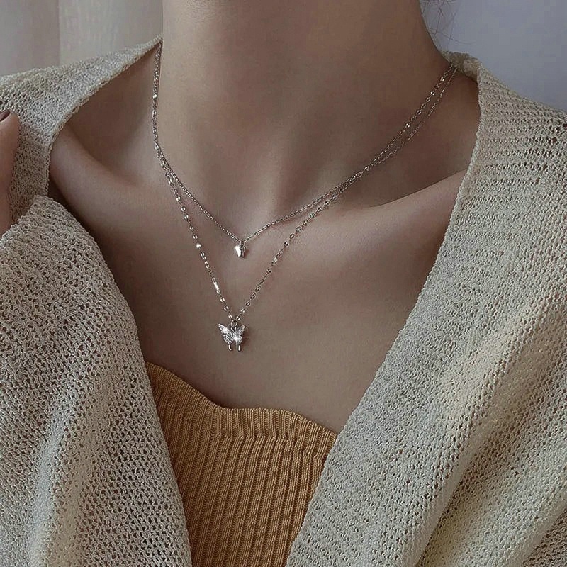 Vòng Cổ Hai Lớp Mặt Hình Bướm Lấp Lánh Tinh Tế Cho Nữ